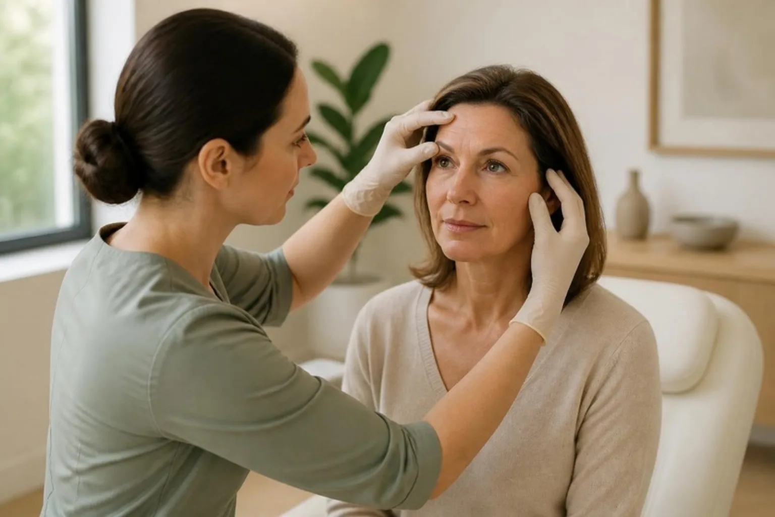 Fine lines and wrinkles treatment in Islington, London: clinician assessing fine lines on a woman's forehead