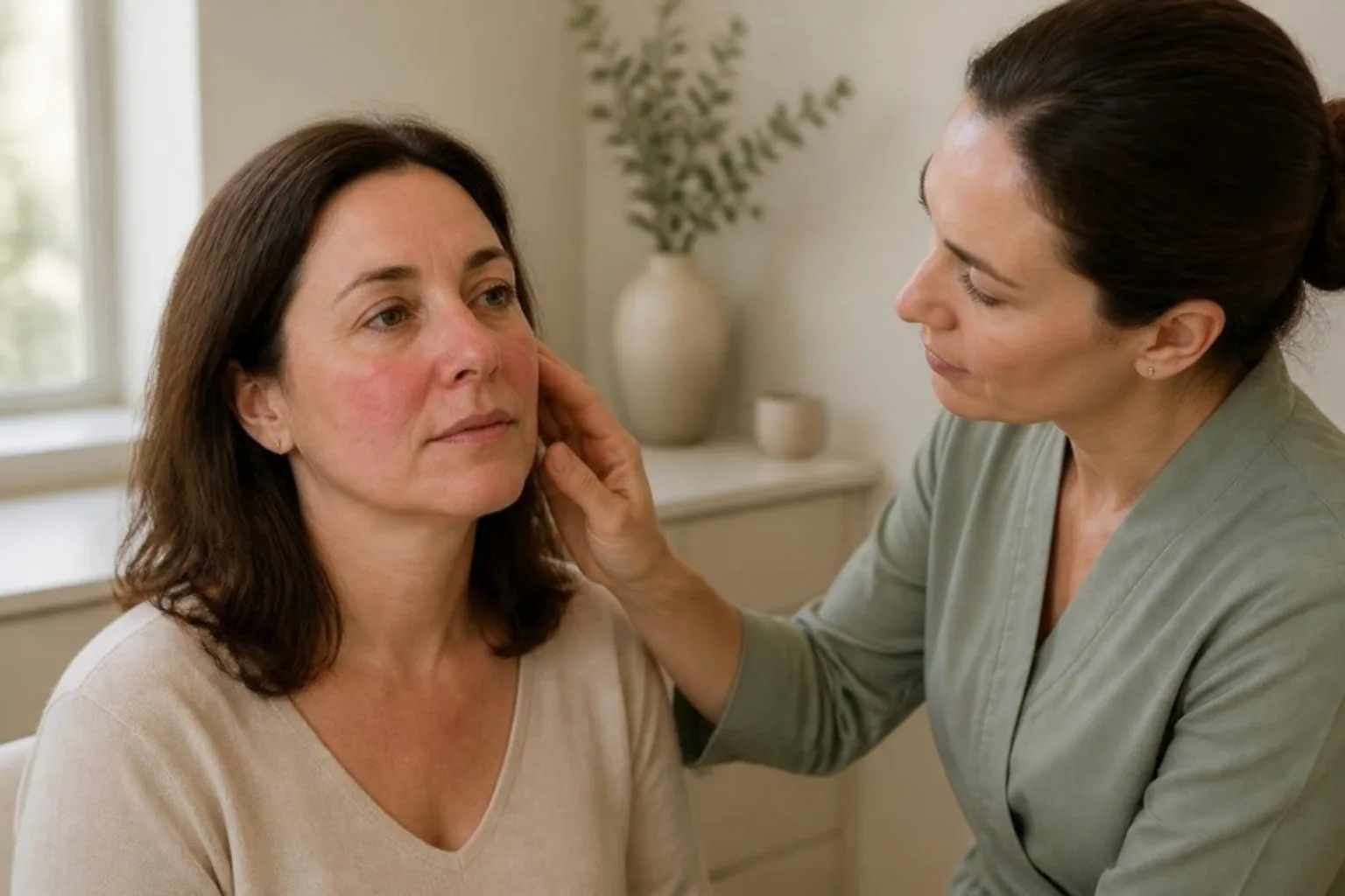 Rosacea treatment in Islington, London: clinician examining redness on a woman's cheek