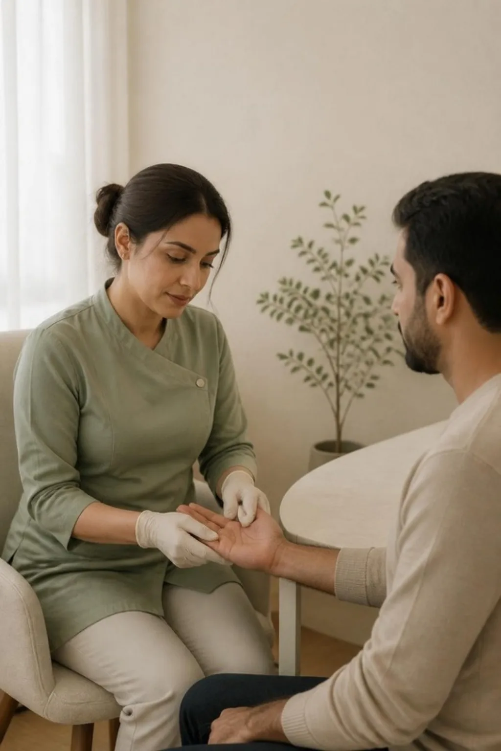 Hyperhidrosis treatment in Islington, London: clinician examining a patient's palm in a consultation room