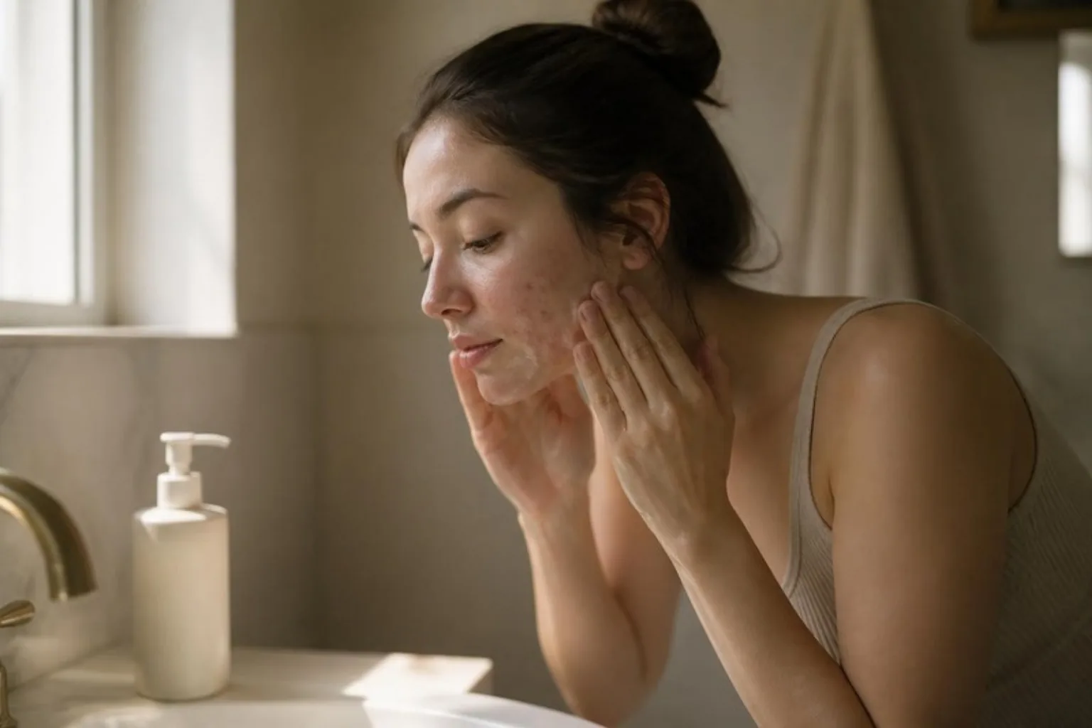 Acne skincare routine: woman gently cleansing her face at a bathroom sink