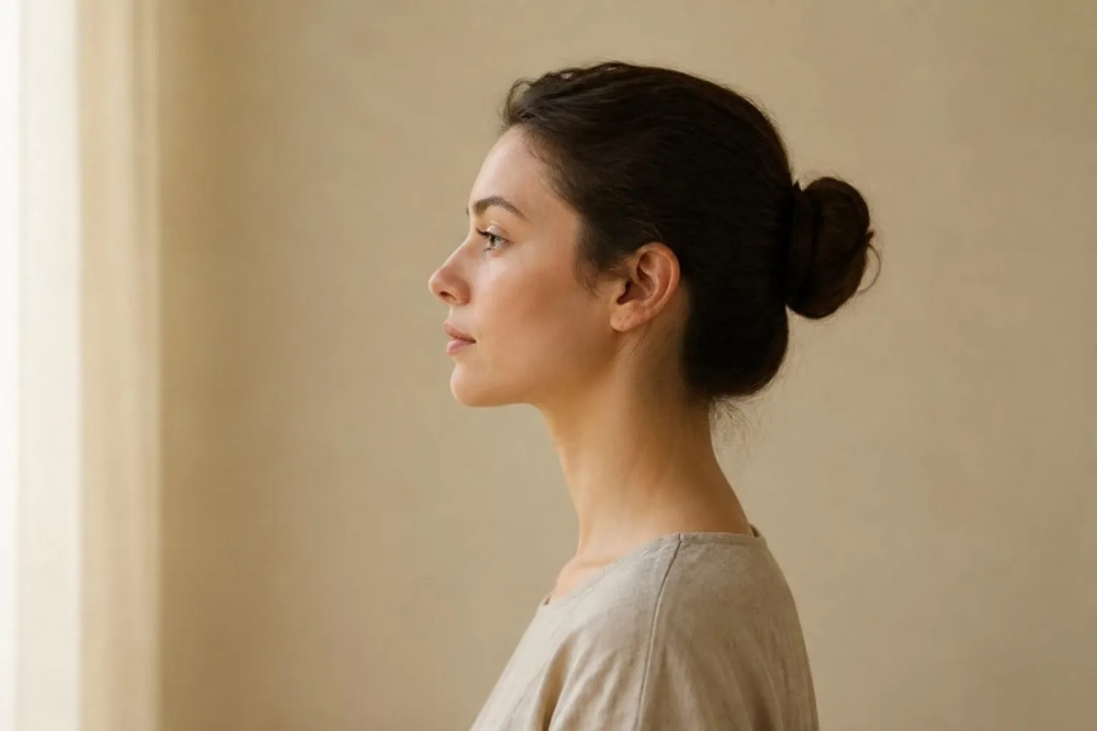 Mewing before and after: side profile of a woman showing her jawline and posture
