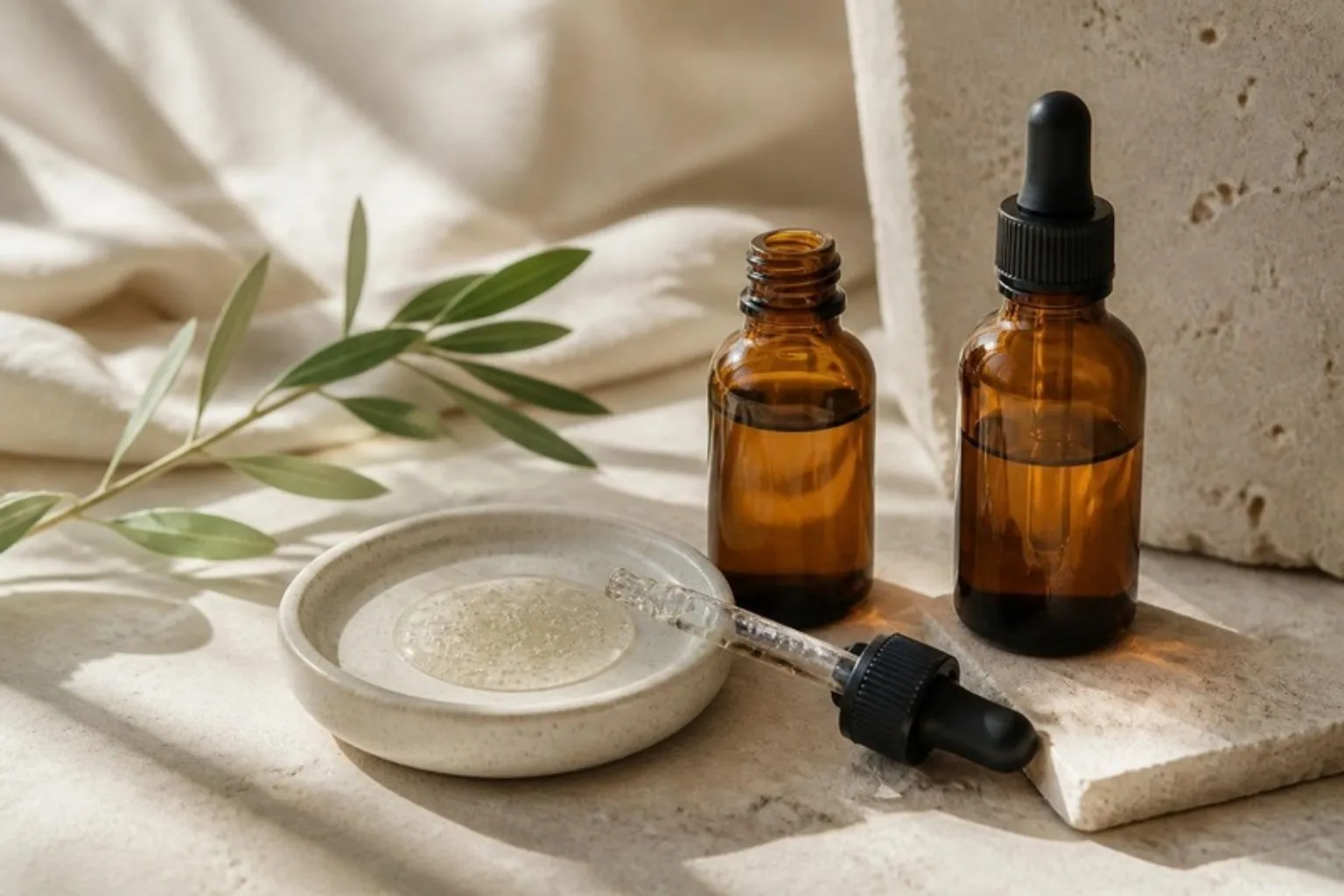 AHA BHA chemical exfoliation: amber serum bottles and exfoliating serum on a stone surface
