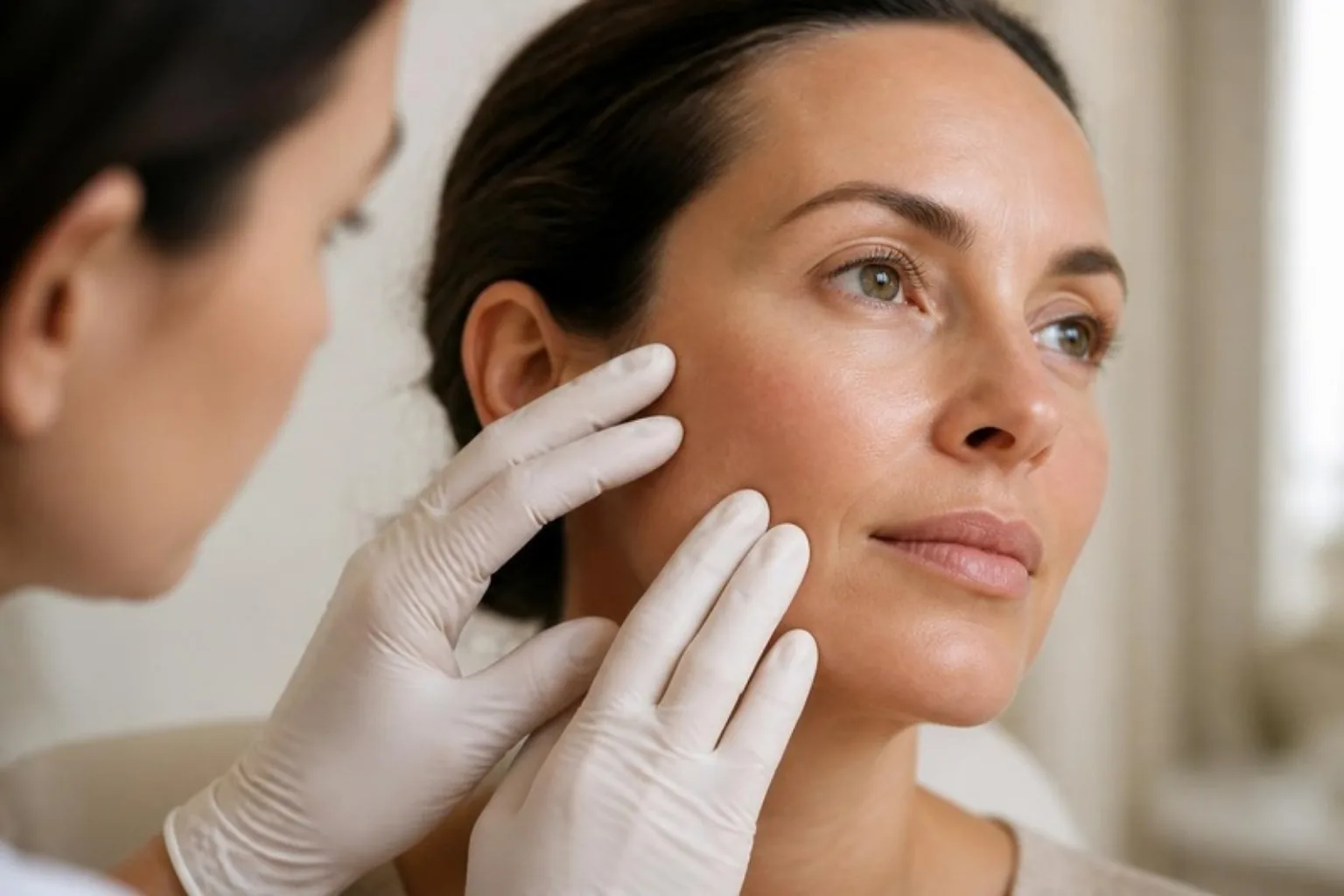 Practitioner assessing a woman's cheek skin quality — Volite