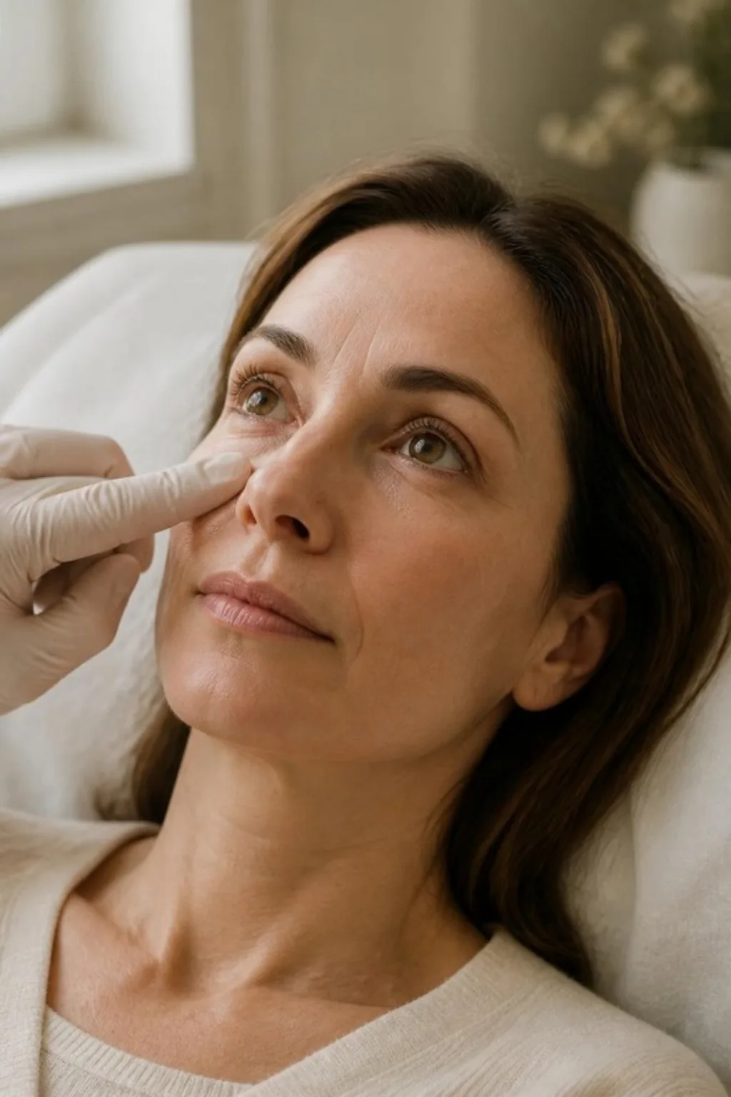 Tear trough filler in Islington, London: practitioner assessing the under-eye hollow of a reclining woman