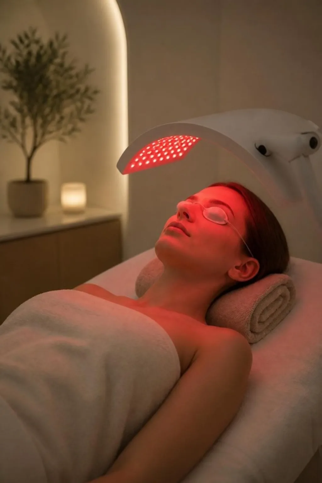 LED light therapy in Islington, London: woman relaxing under a red LED light panel with eye shields