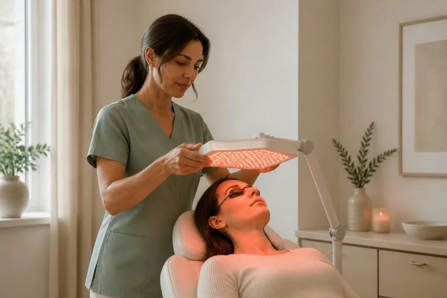 Clinician positioning an LED light panel over a patient's face — LED light therapy