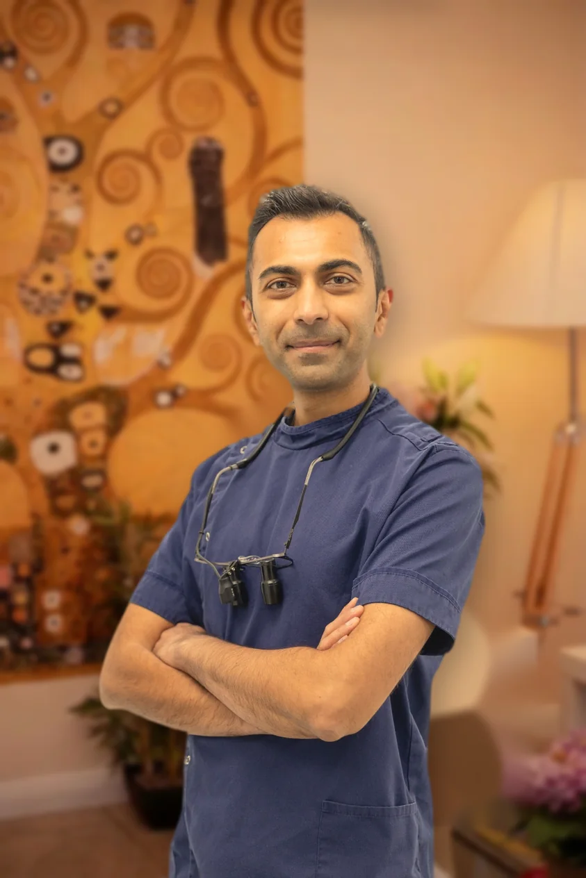 Dr Rishil Patel, implant dentist at Dental & Wellness London, Islington, in the clinic lounge