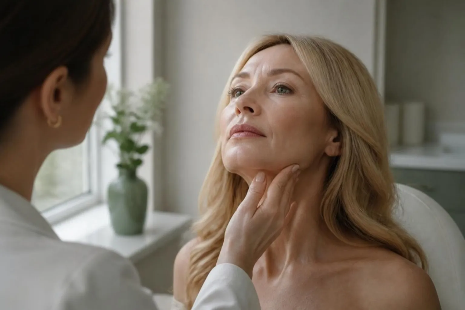 A clinician's hand gently assessing the jawline and neck skin of a woman in her fifties, soft daylight