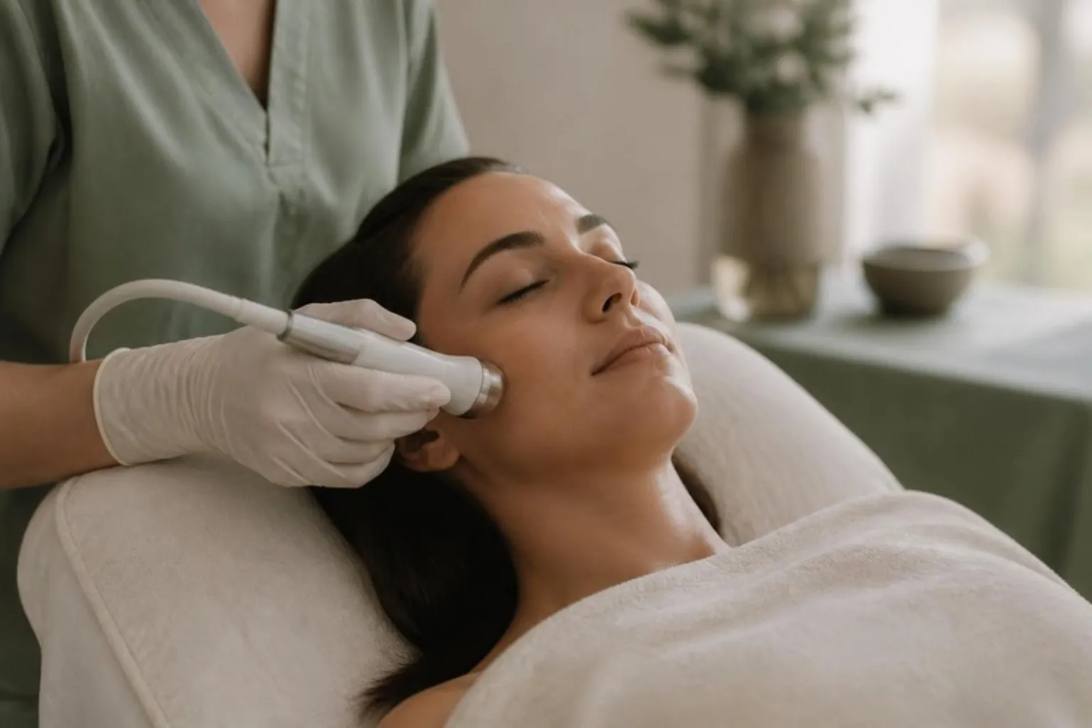 HydraFacial vs microdermabrasion: woman relaxing during a gentle facial treatment with a smooth handpiece