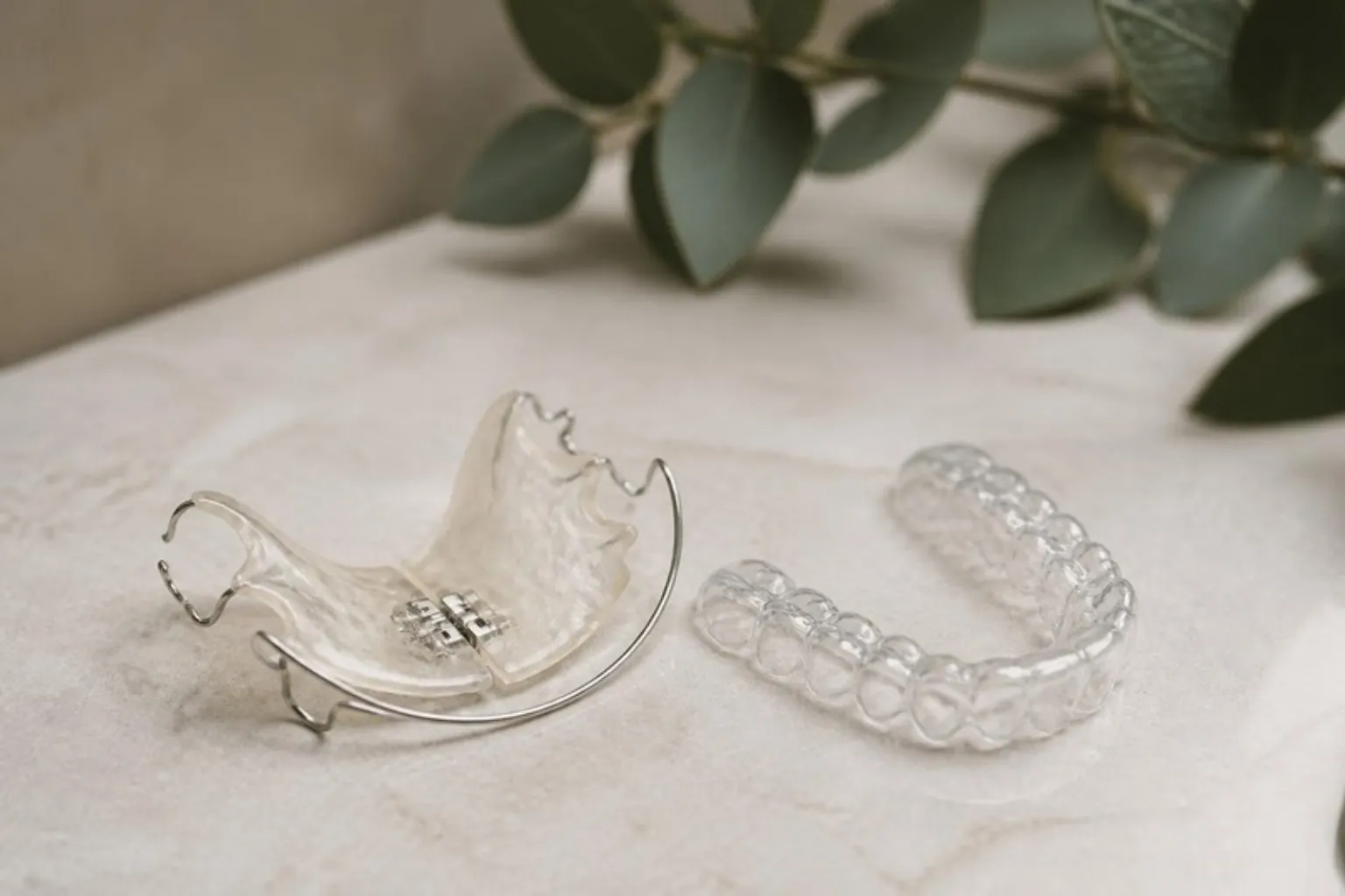 A removable spring-loaded orthodontic aligner and a clear aligner tray side by side on a pale stone surface