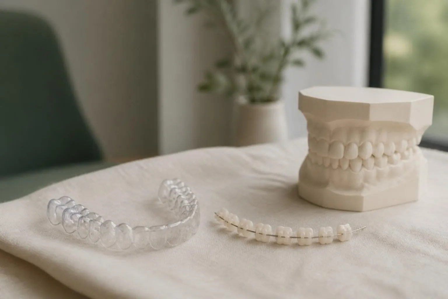A clear aligner tray and a row of tooth-coloured ceramic brace brackets side by side on cream linen, beside a white dental model
