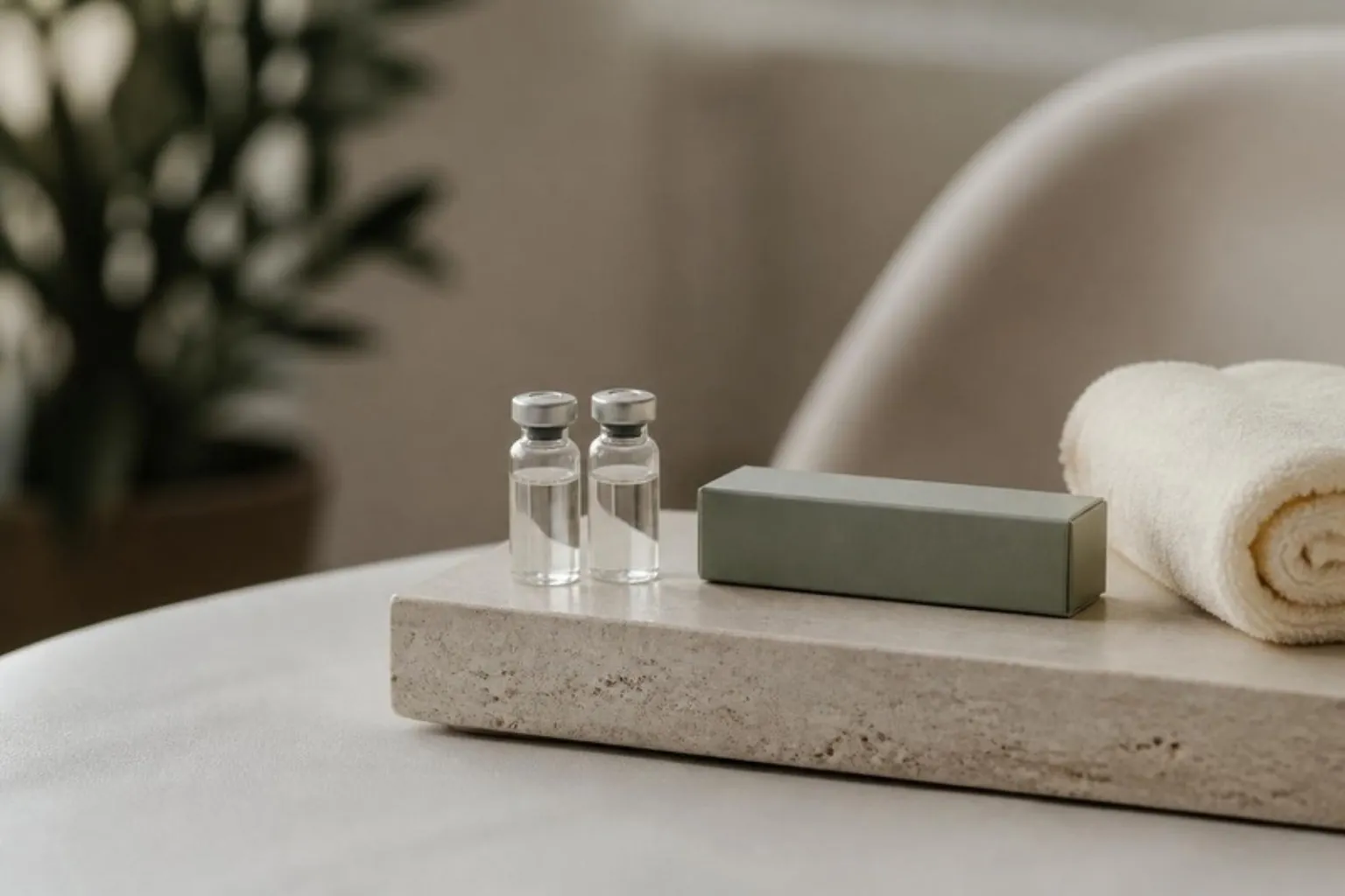 Two small glass vials and a closed syringe box on a stone tray next to a soft cream towel, calm clinic treatment room