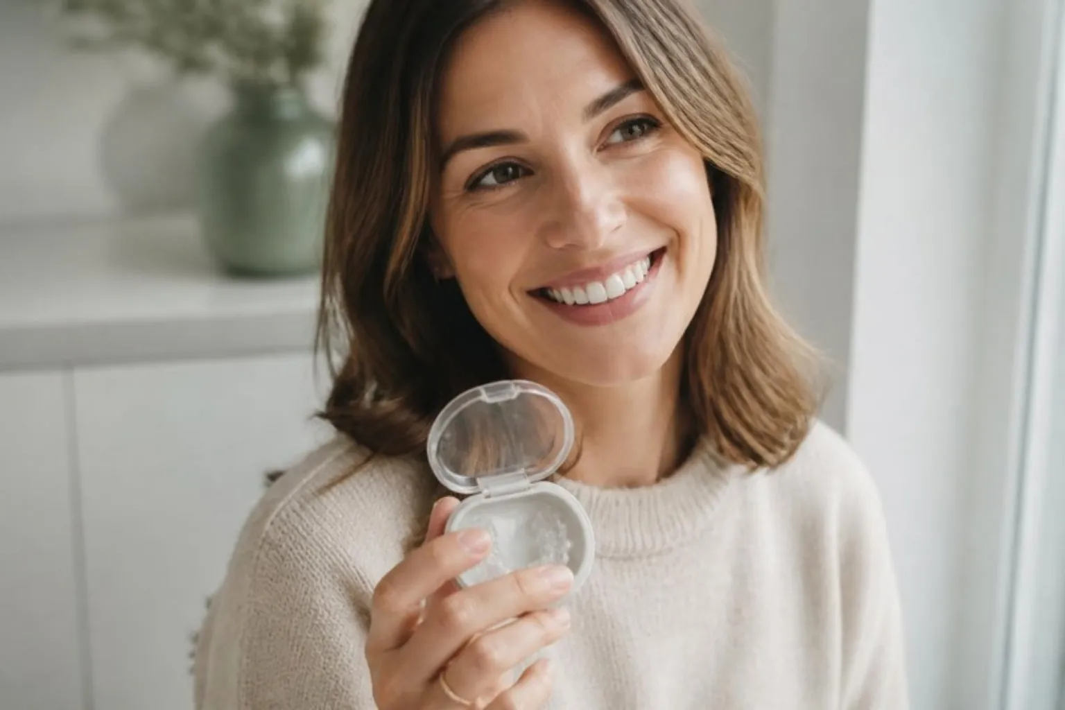 A woman in her thirties smiling naturally in soft daylight, close crop of a straight natural smile, holding a clear aligner case