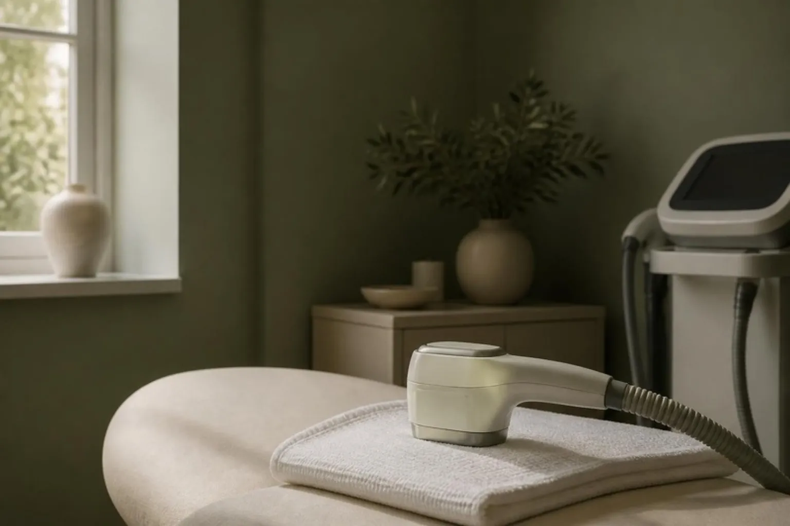 A calm treatment room with a padded couch and a modern body-contouring device handpiece resting on a white towel, sage wall