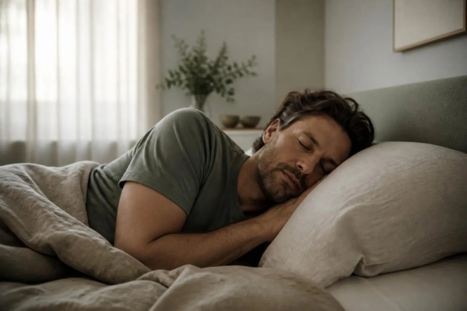 A man sleeping peacefully on his side with lips closed, soft morning light through linen curtains