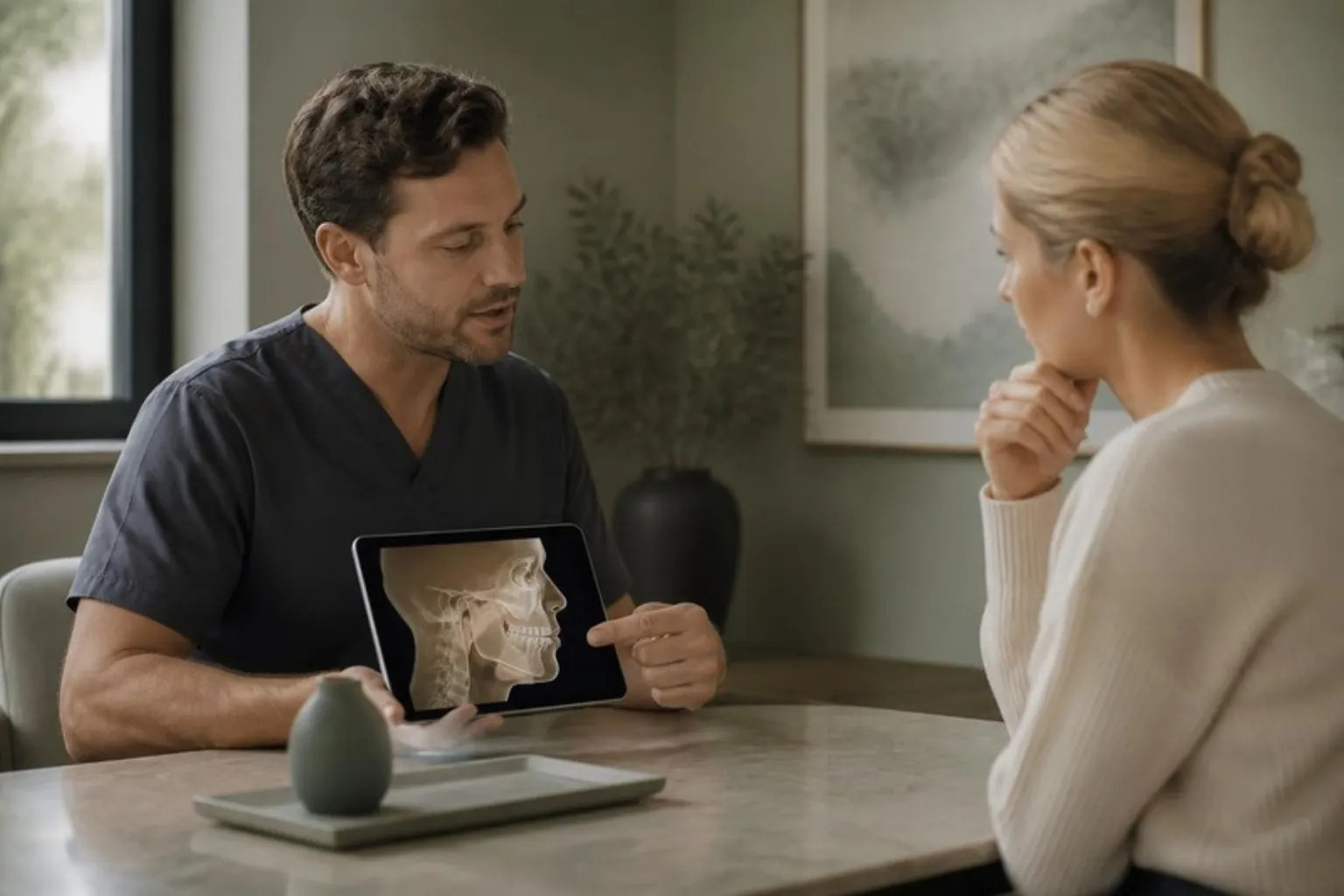 A clinician pointing to a jaw and airway diagram on a tablet while a patient listens in a calm consultation room