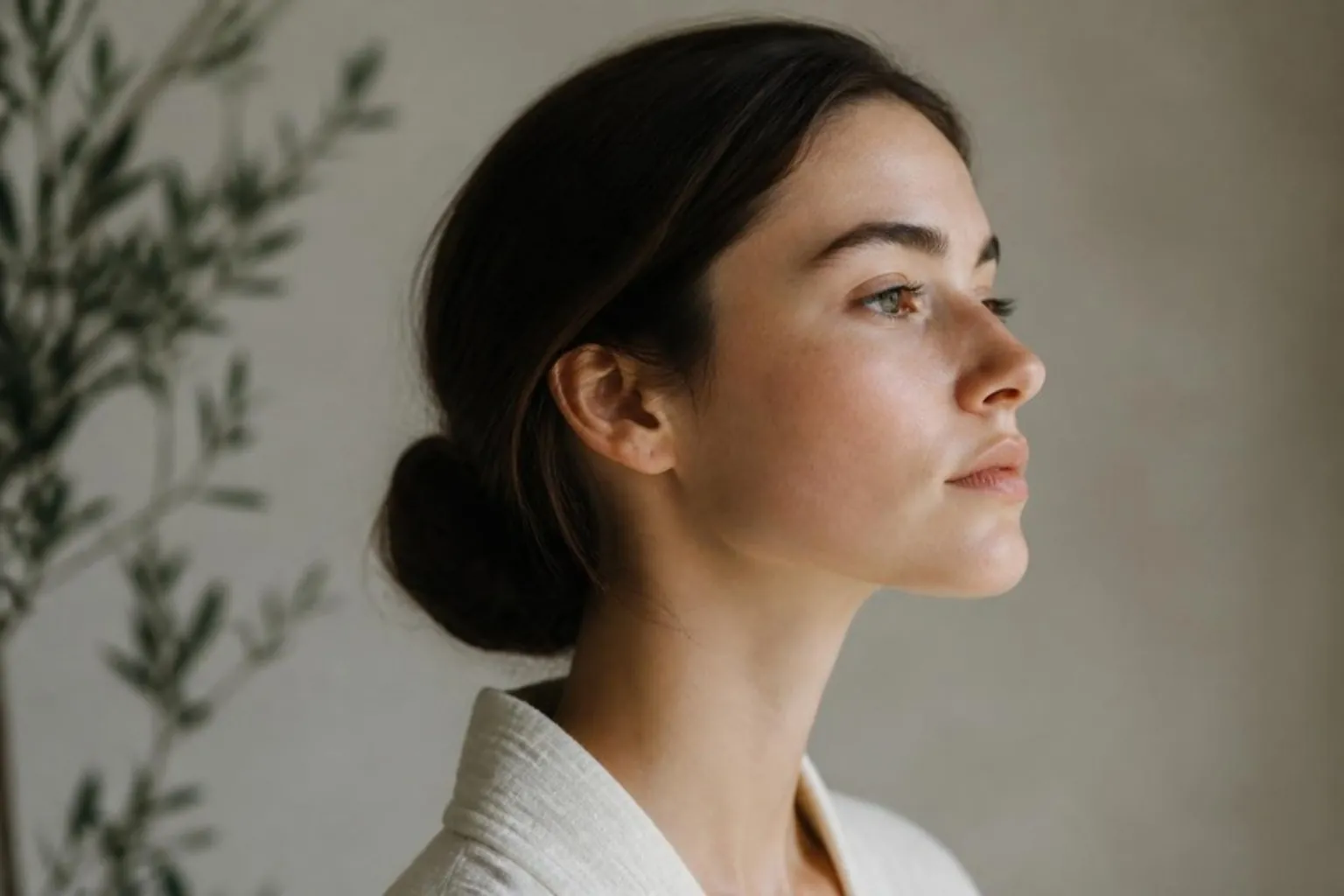 Side profile of a calm young woman with relaxed jaw and closed lips, neutral backdrop, soft light