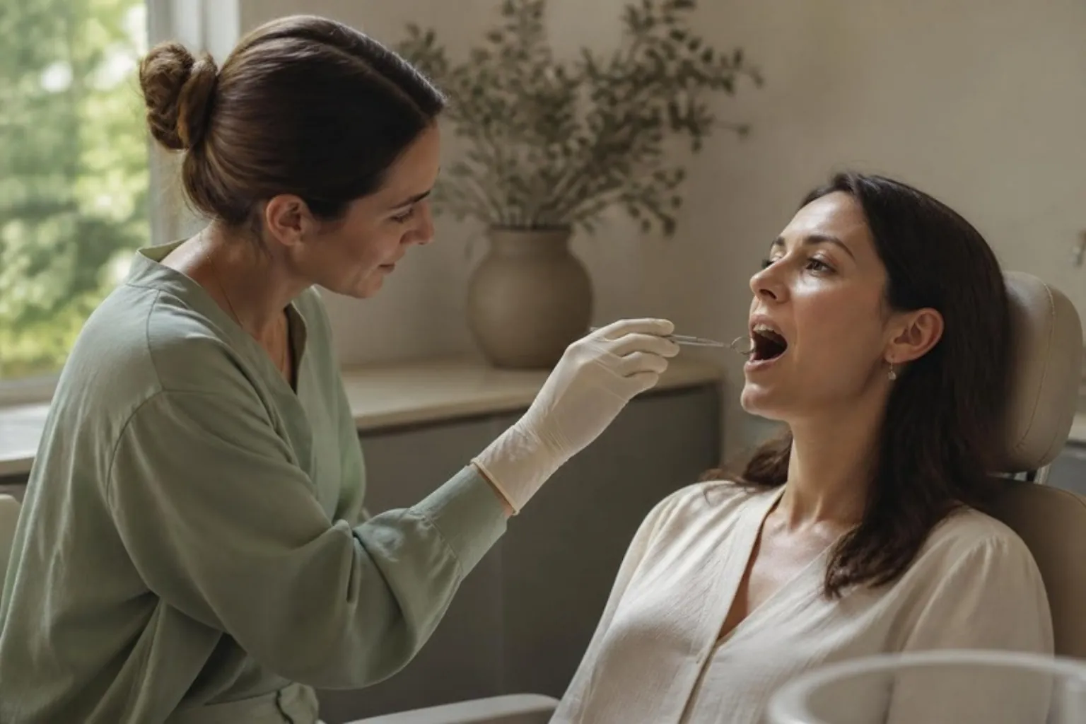 A clinician gently examining an adult patient's open mouth with a small mirror, warm daylight, calm room