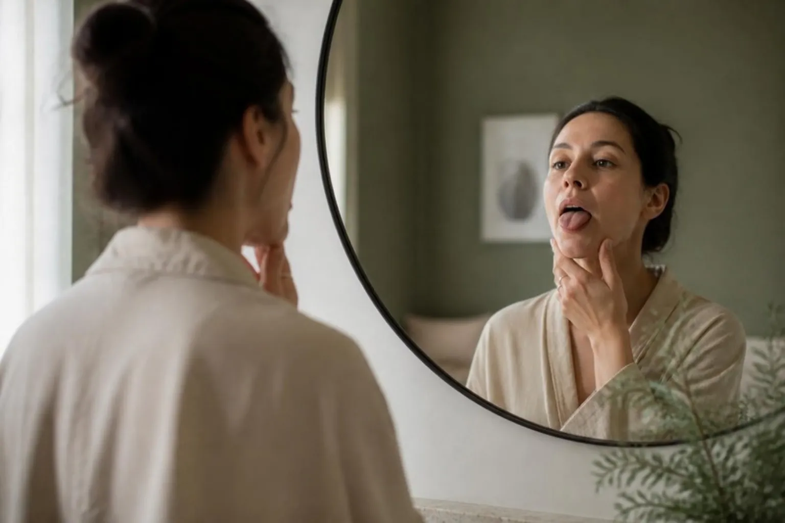 A woman practising a gentle facial and tongue exercise in front of a mirror at home, natural light