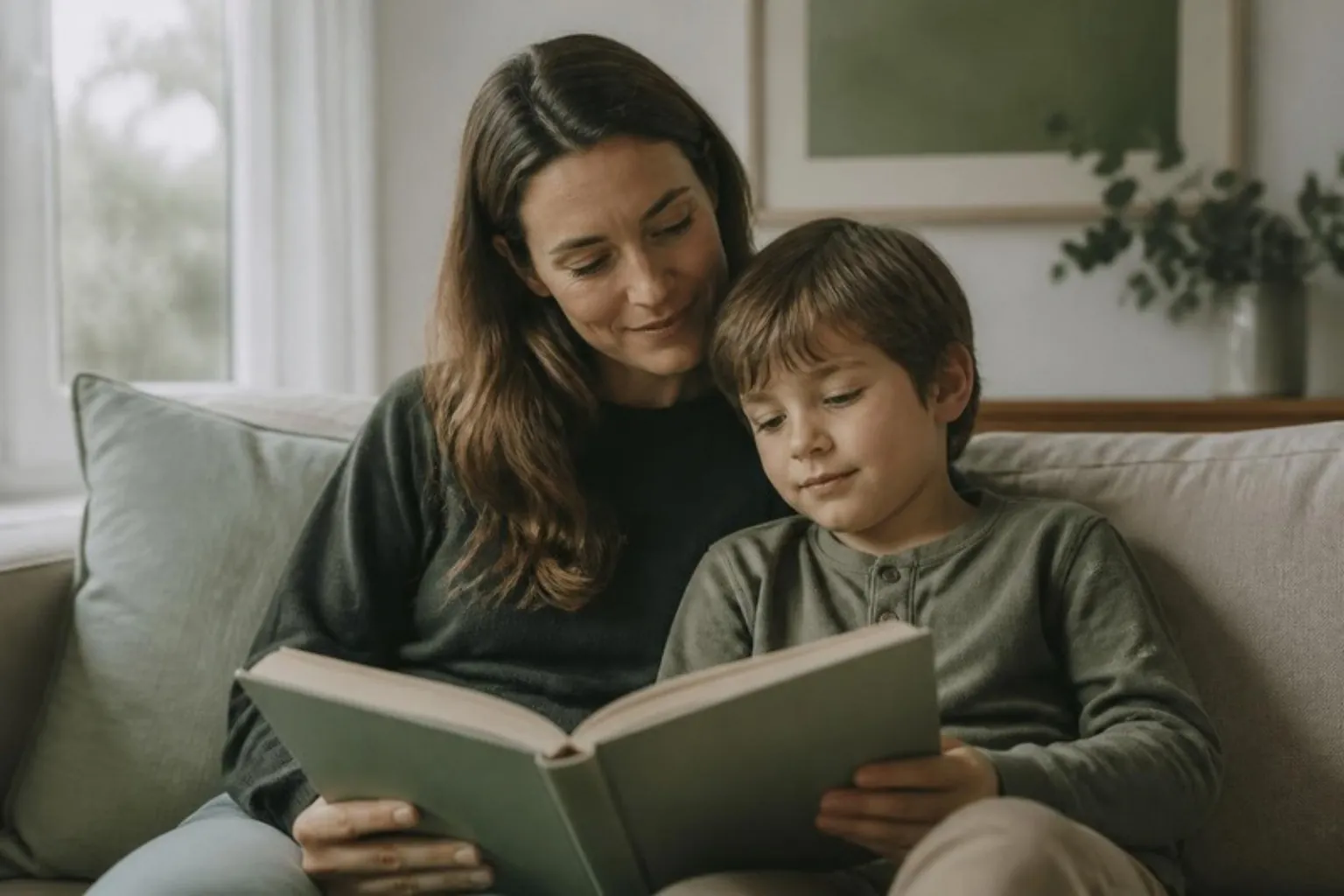 A parent and child reading together on a sofa, child breathing calmly through the nose, warm natural light