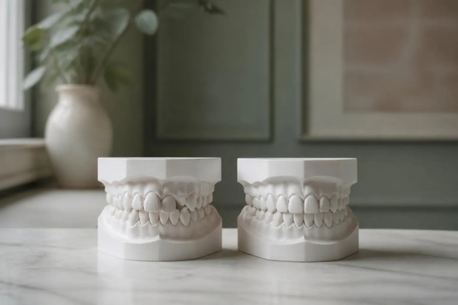 Two white dental models side by side, one crowded, one aligned