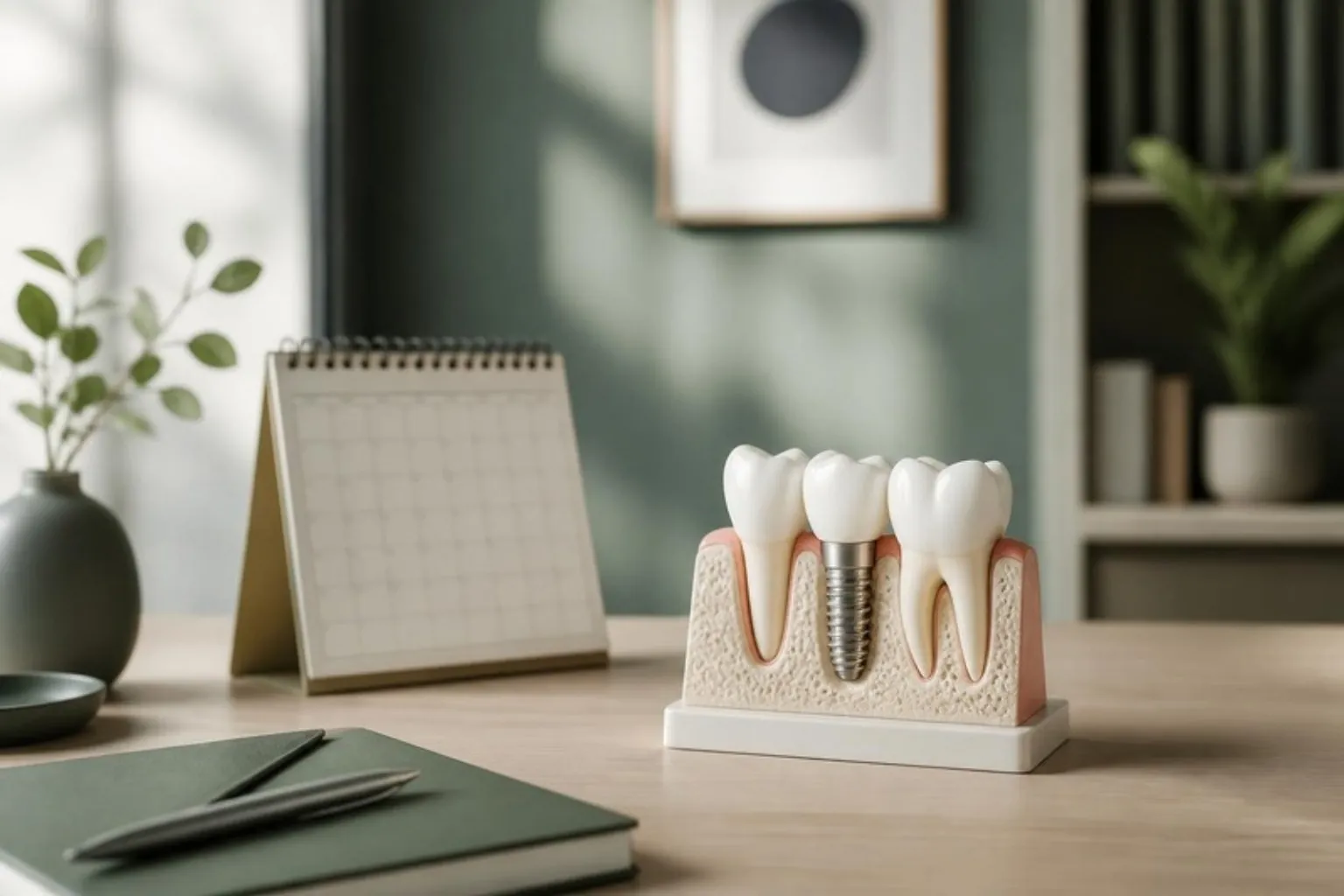 A dental implant model and a calendar on a desk