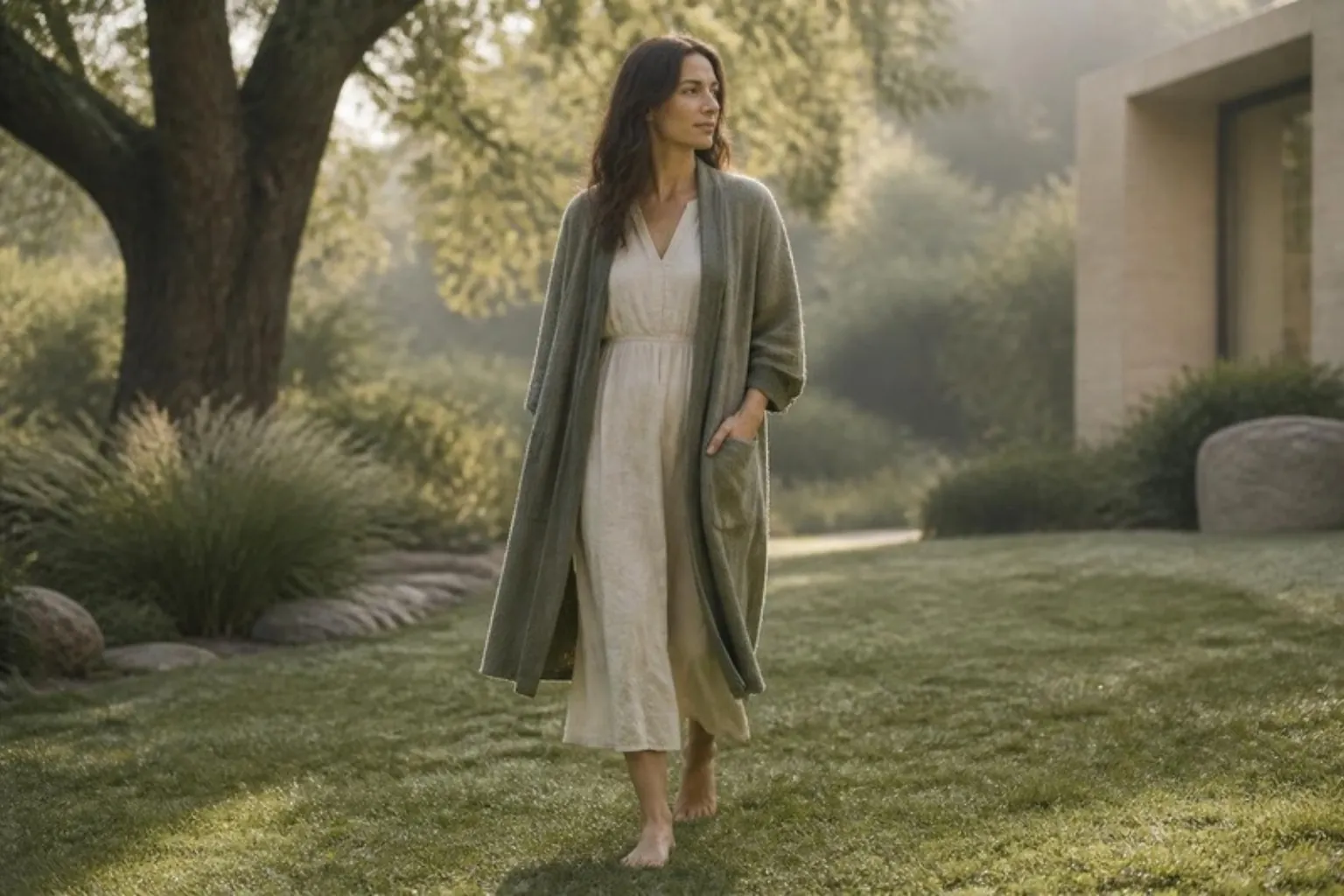 A woman walking barefoot on grass in morning light
