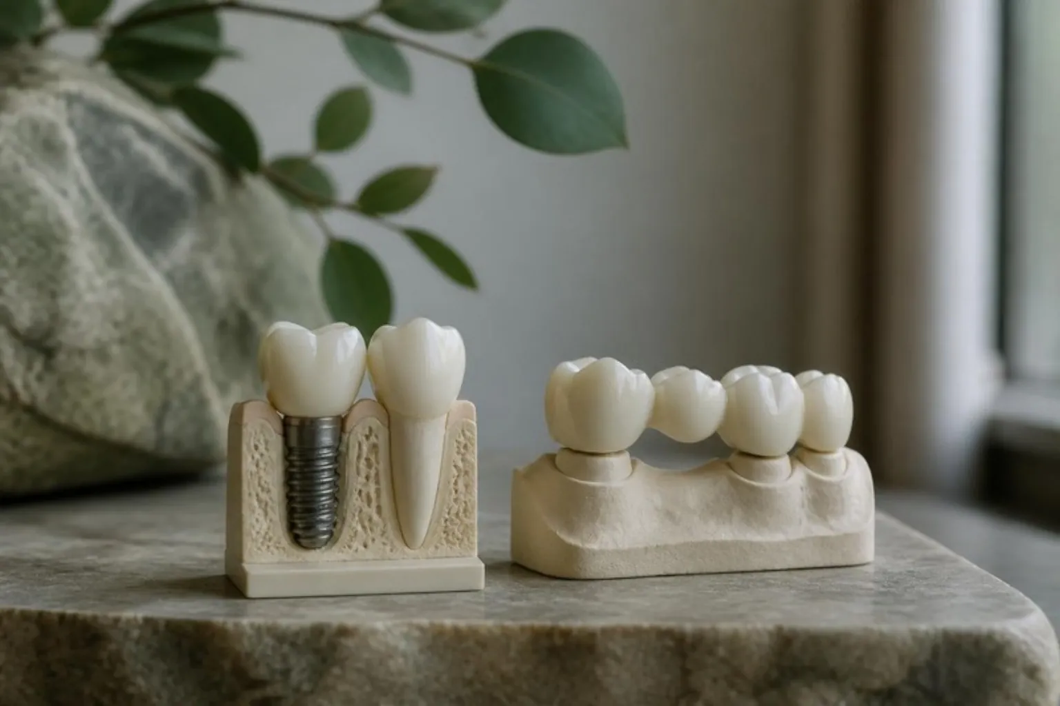 A dental implant model beside a bridge model on a stone surface