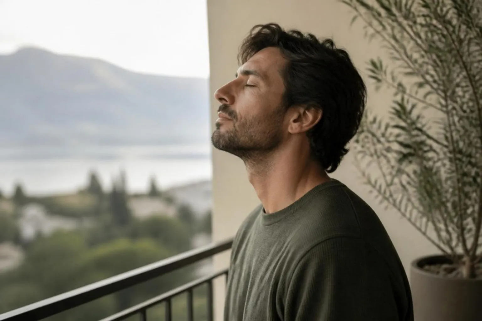 A man breathing in calmly through his nose, eyes closed, on a balcony at morning