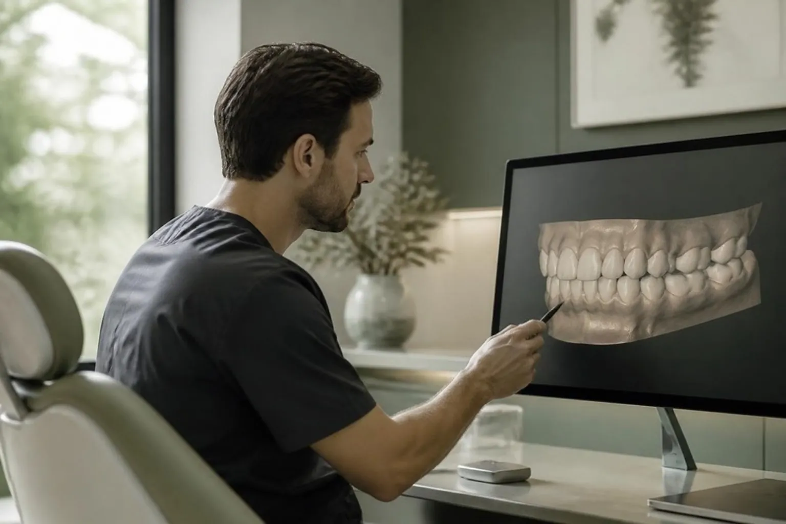 A dentist reviewing a 3D dental scan on a screen in a calm surgery