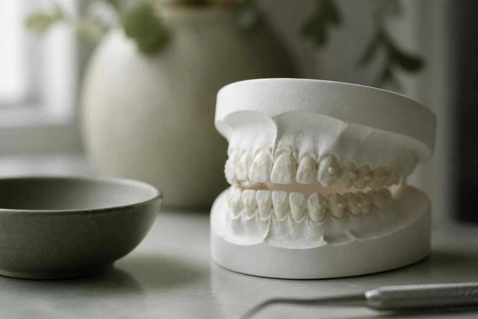 Close-up of a white dental model with small tooth-coloured bumps on the teeth