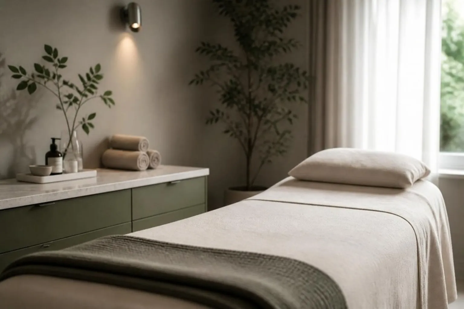 A calm facial treatment room with a couch and folded towels
