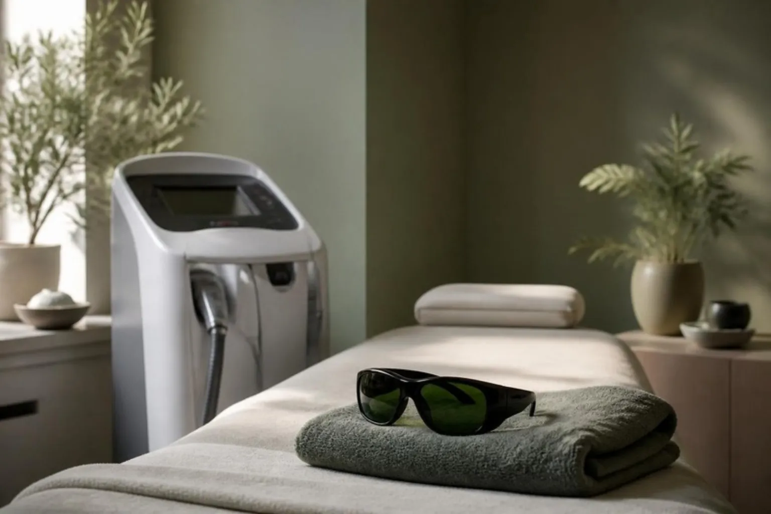 A treatment couch with a folded towel and protective goggles in a calm laser room