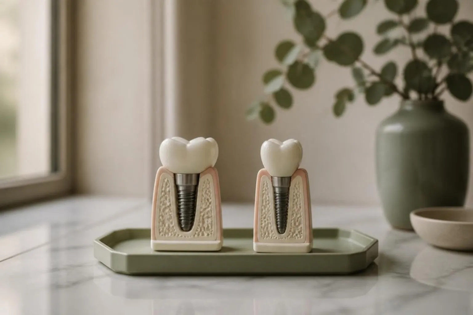 Two dental implant models side by side on a tray