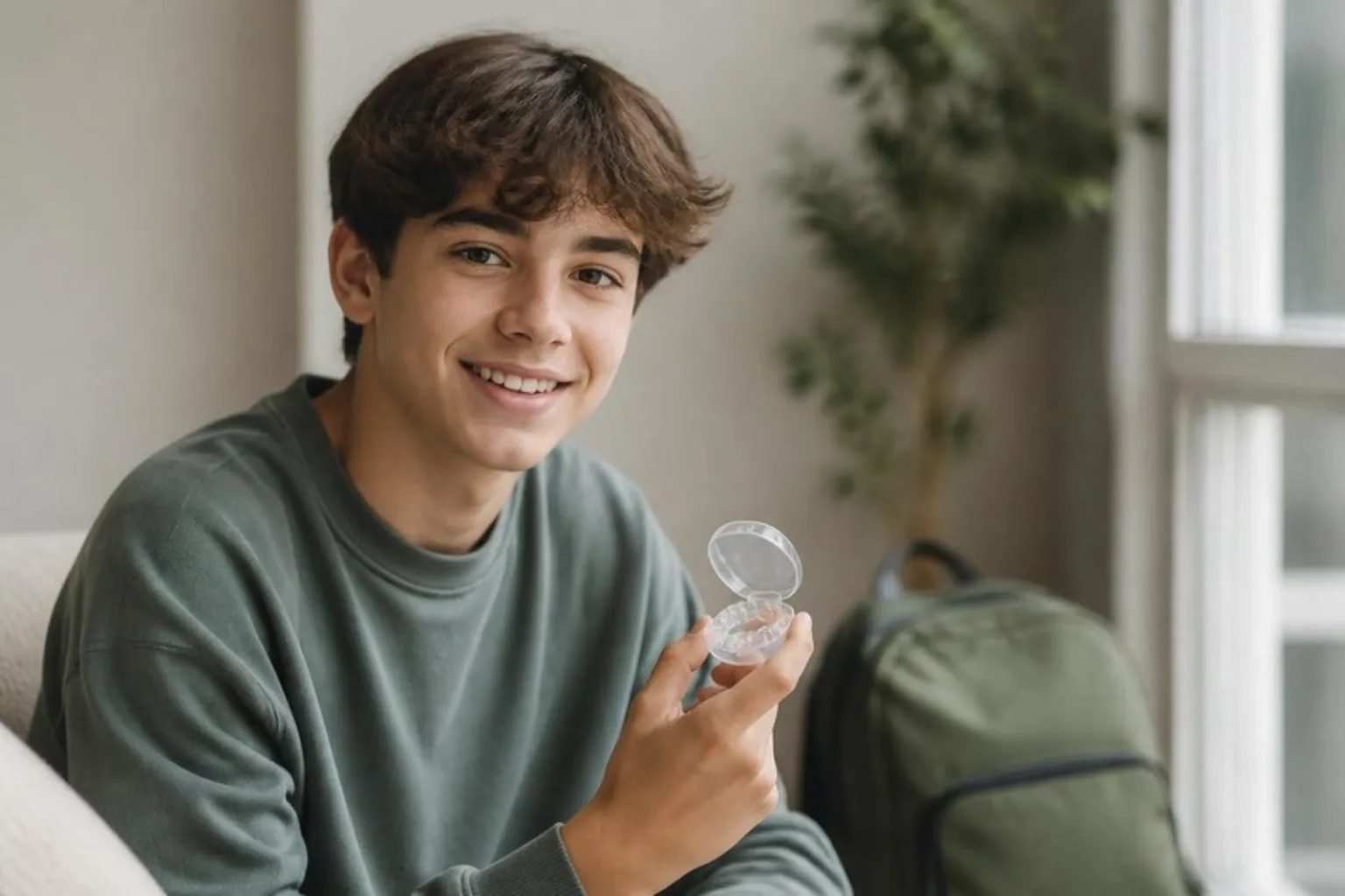 A teenager smiling holding a clear aligner case, school bag behind