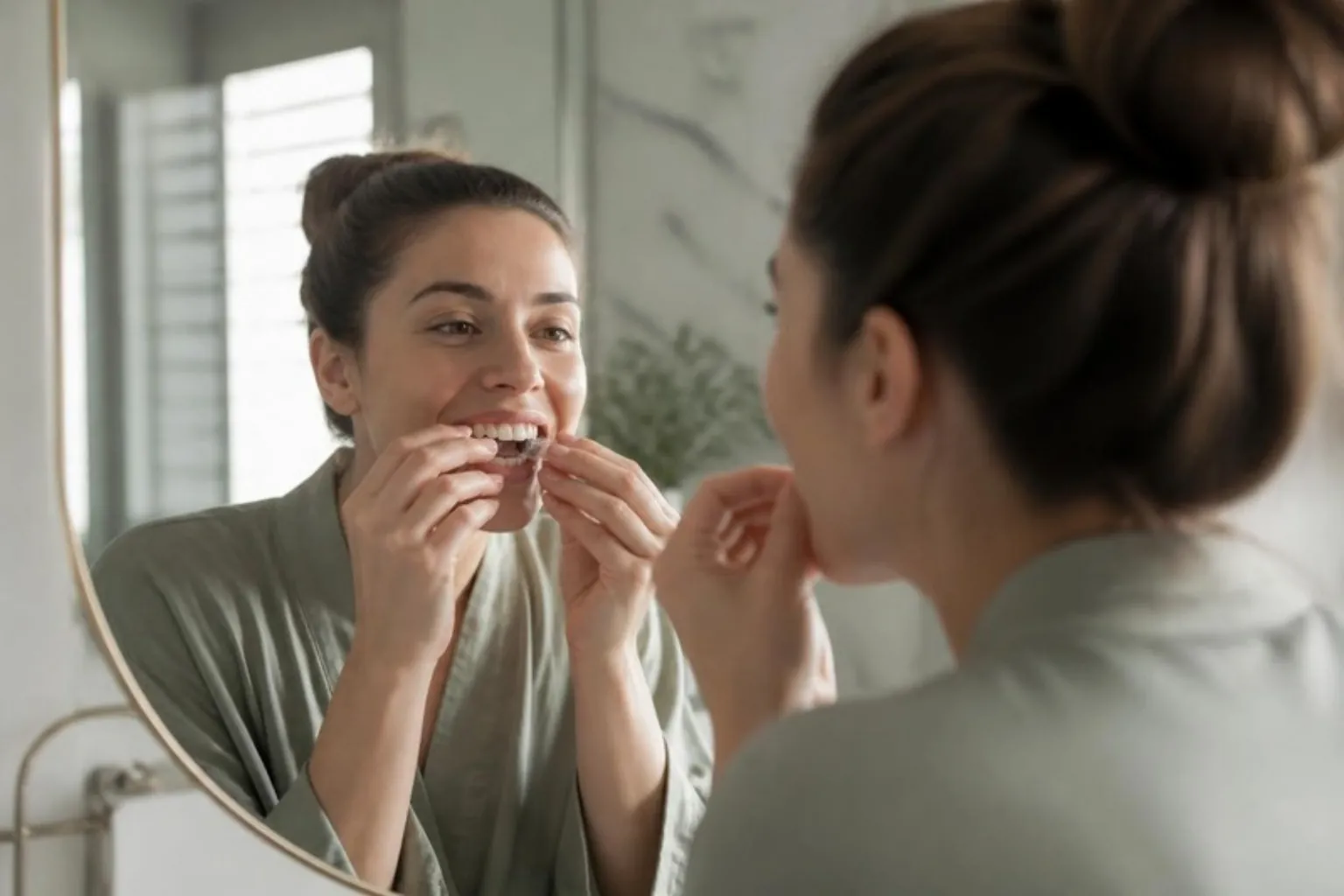 A woman pressing a clear aligner into place, mild expression, bathroom mirror