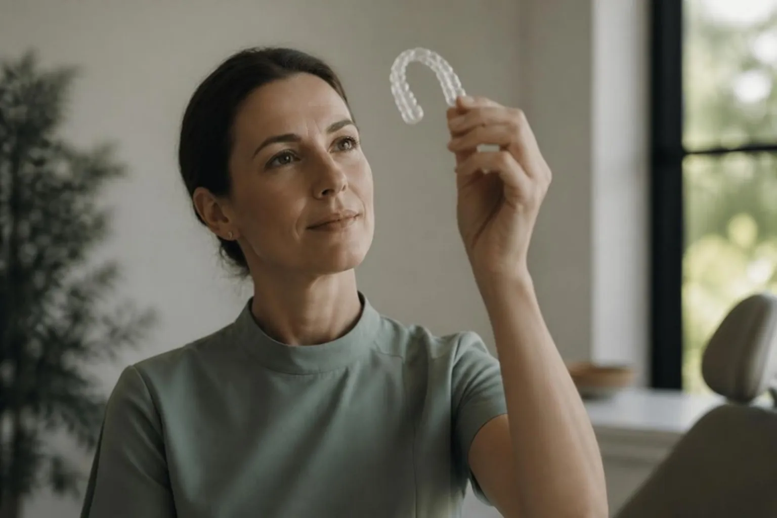 A clinician holding a clear aligner up to the light