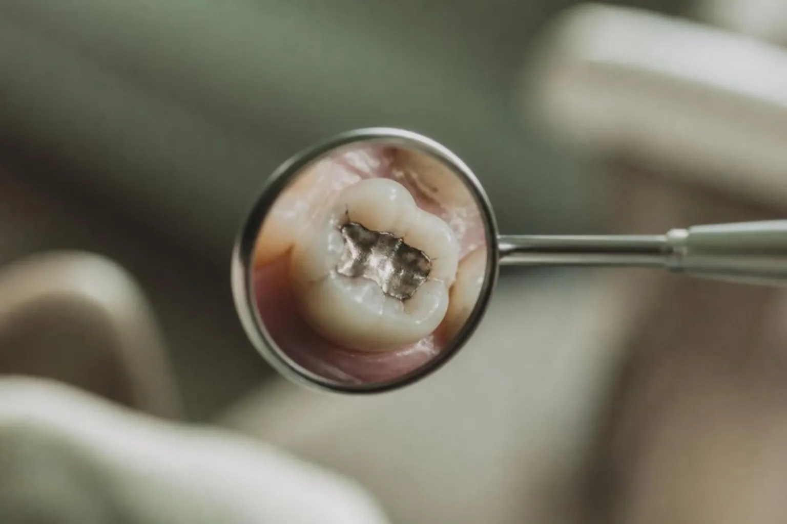 Close-up of a dental mirror showing an old silver filling, clinical but calm