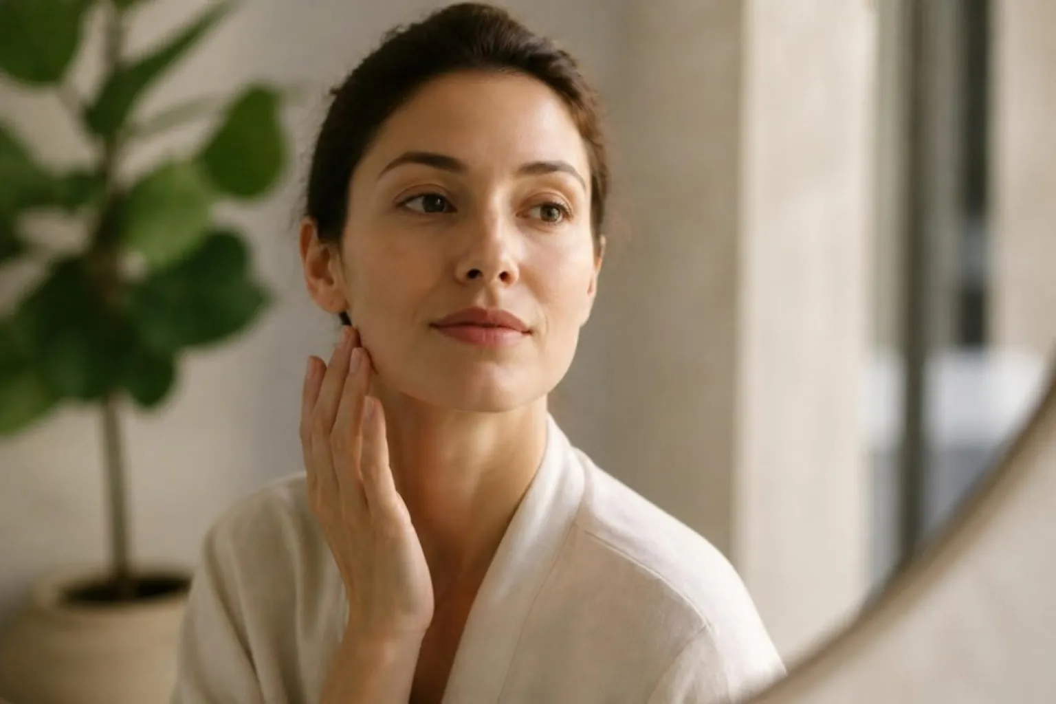A woman gently touching the side of her jaw, calm expression
