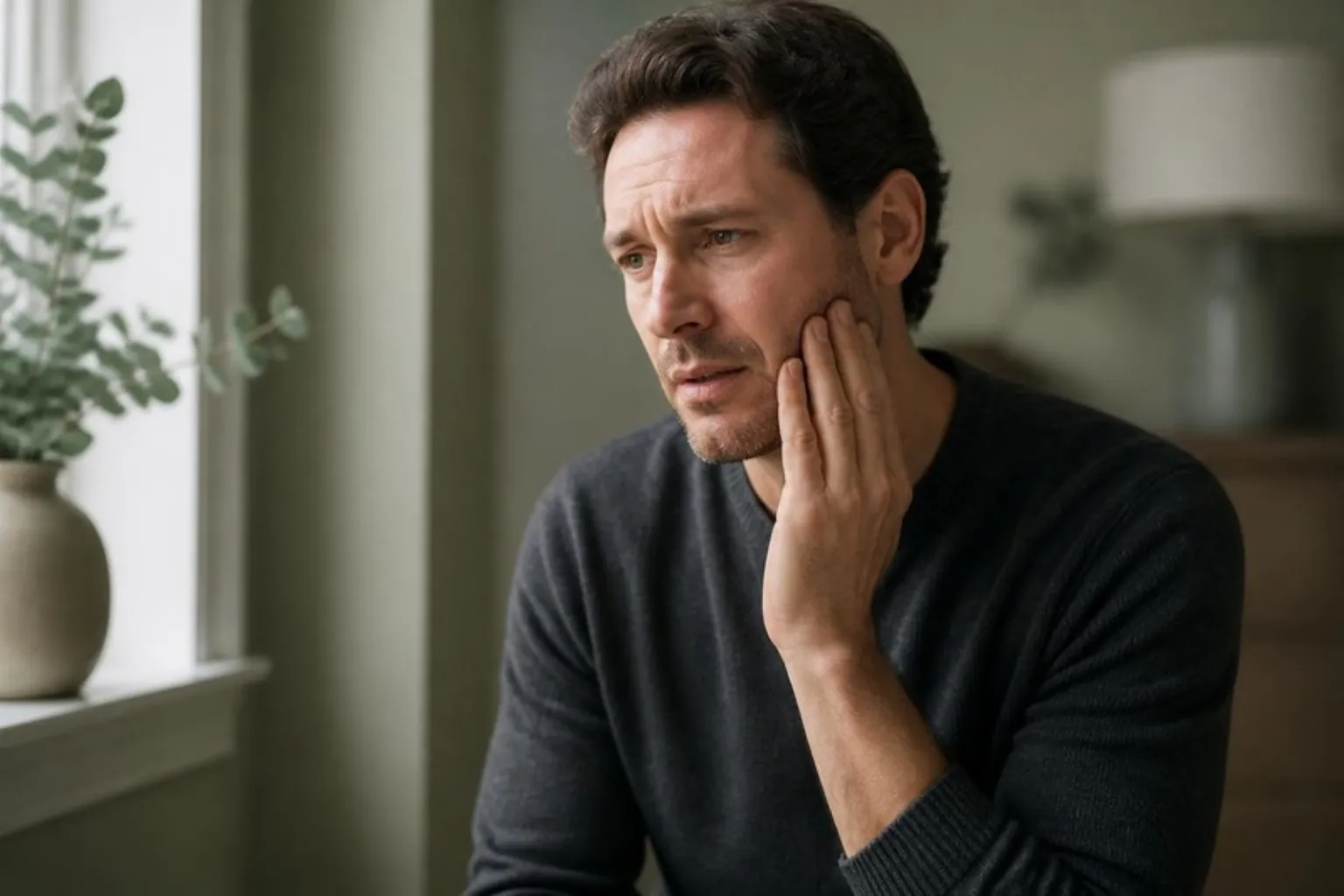 A man massaging the side of his jaw with a slightly tense expression, soft window light