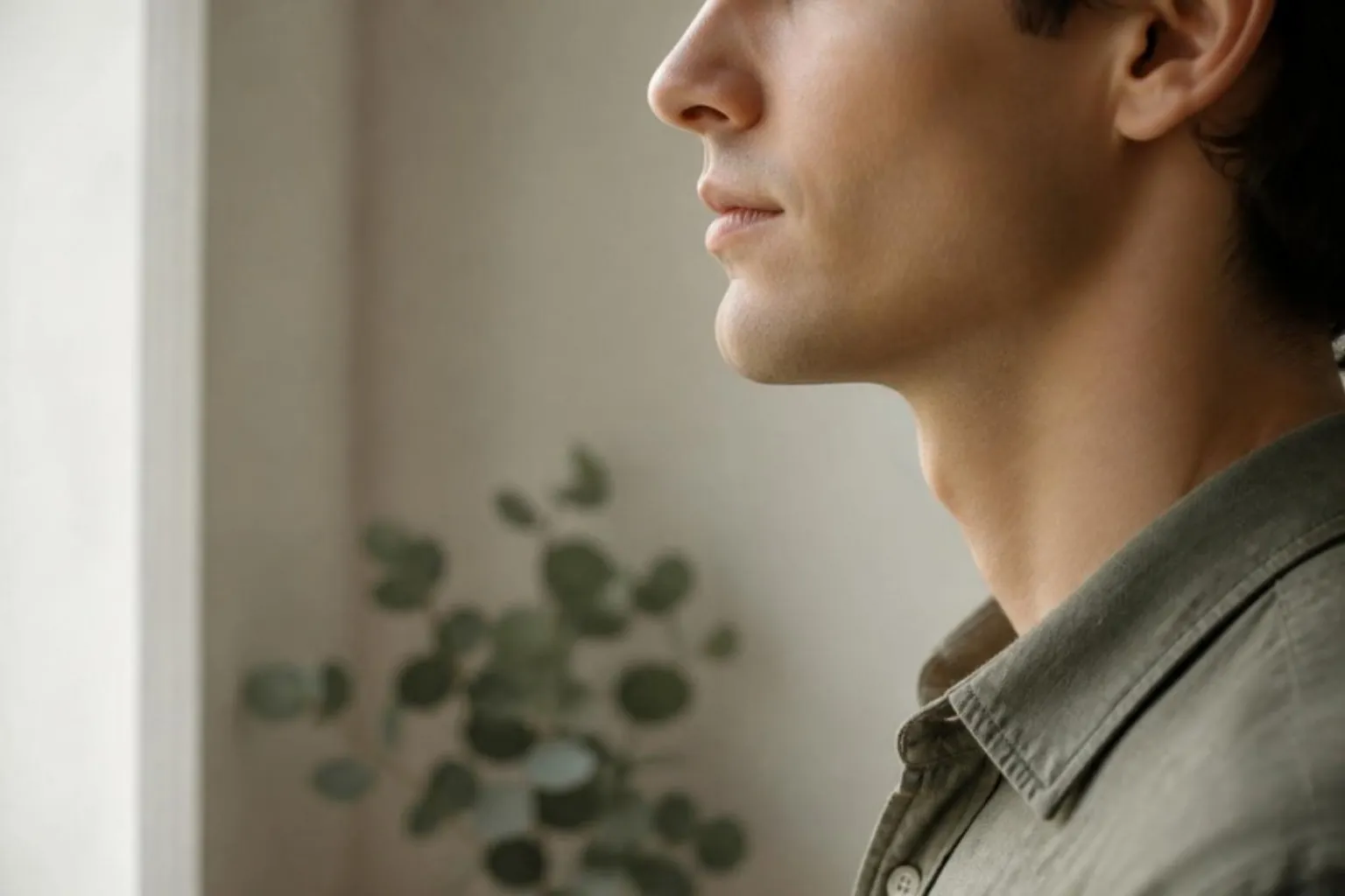 Side profile of a young man's jaw and chin, soft daylight