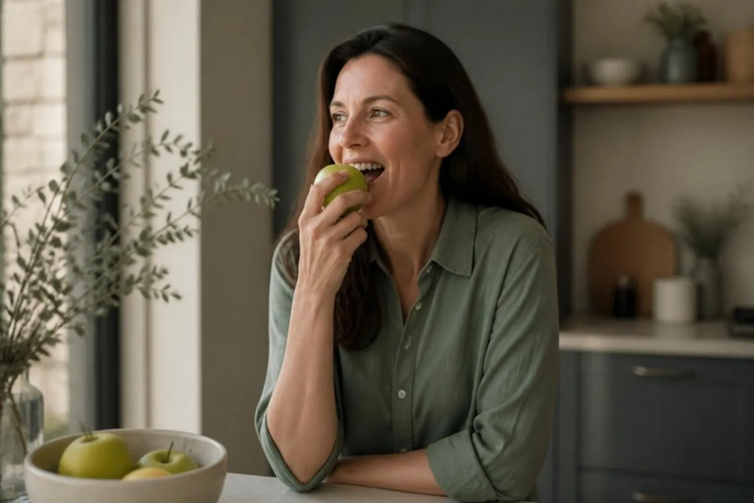 A woman in her forties eating an apple and smiling naturally in a kitchen, daylight