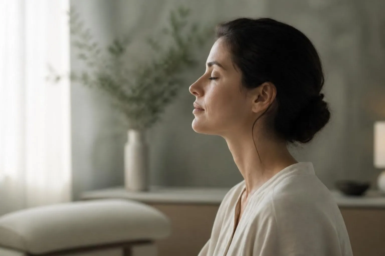 Side profile of a woman breathing calmly through her nose, soft backlight