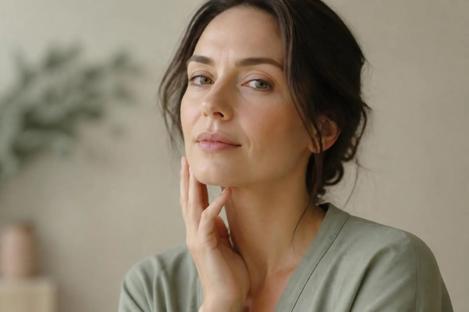 A woman gently resting her fingertips on her jaw, calm expression, cream background