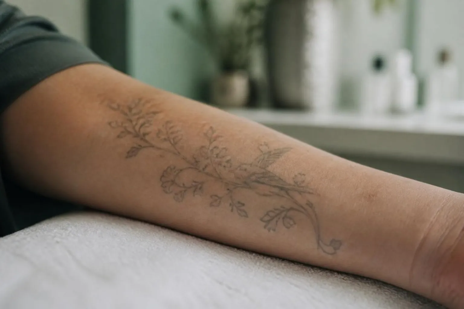 Close-up of a softly faded old tattoo on a forearm resting on a white towel, clinic light