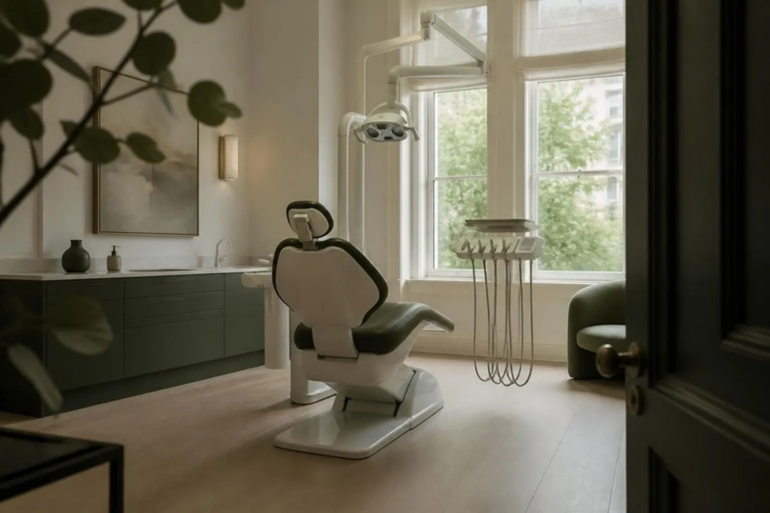 A modern calm private dental surgery with a chair and soft daylight