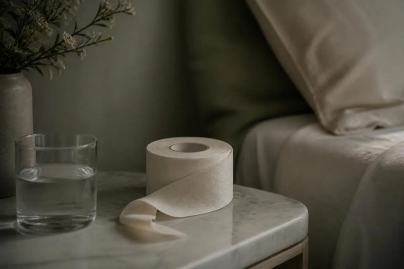 A roll of soft paper tape on a bedside table beside a glass of water, dim evening light