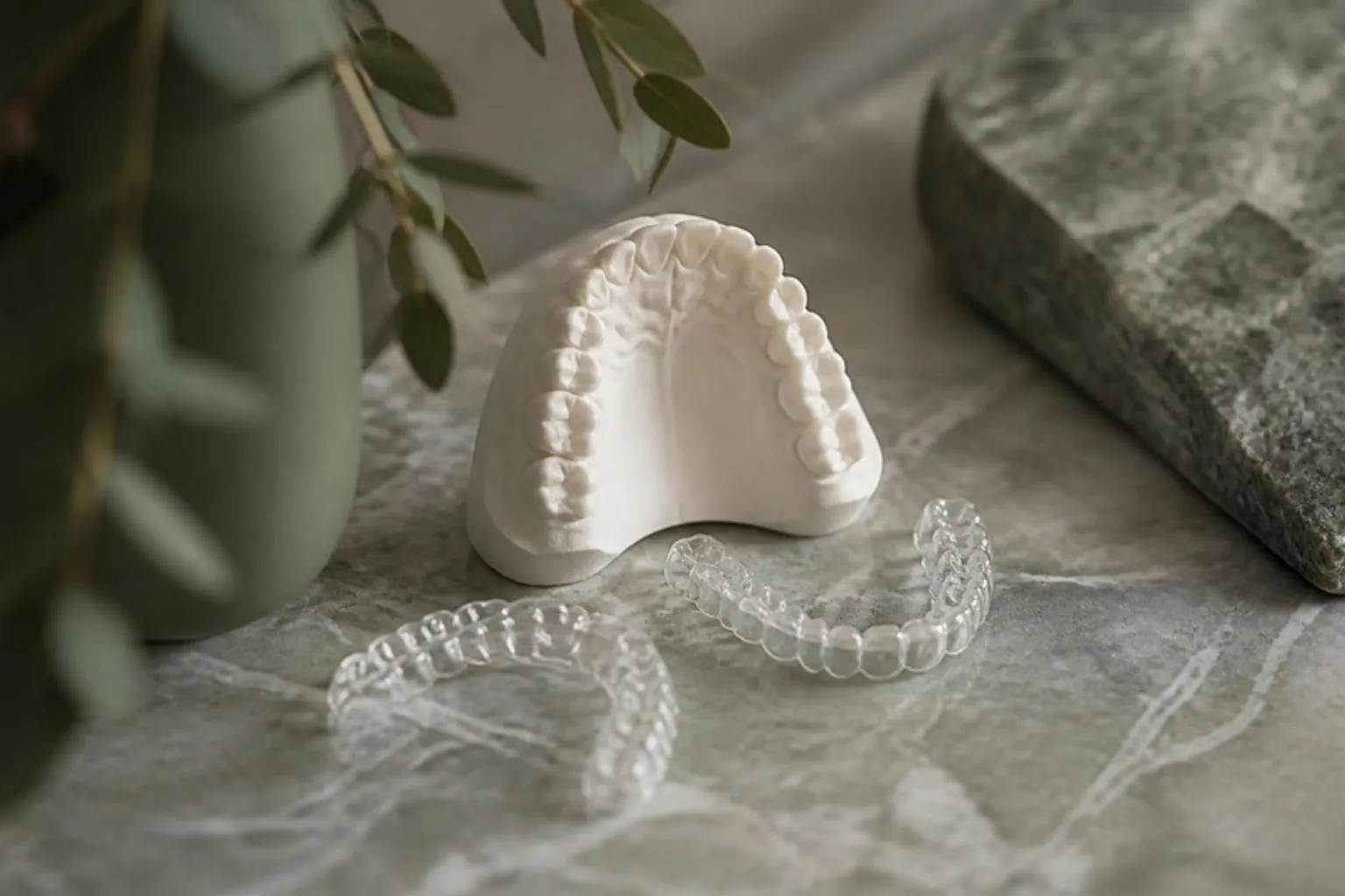A white upper-arch dental model and clear aligner trays laid on a stone surface