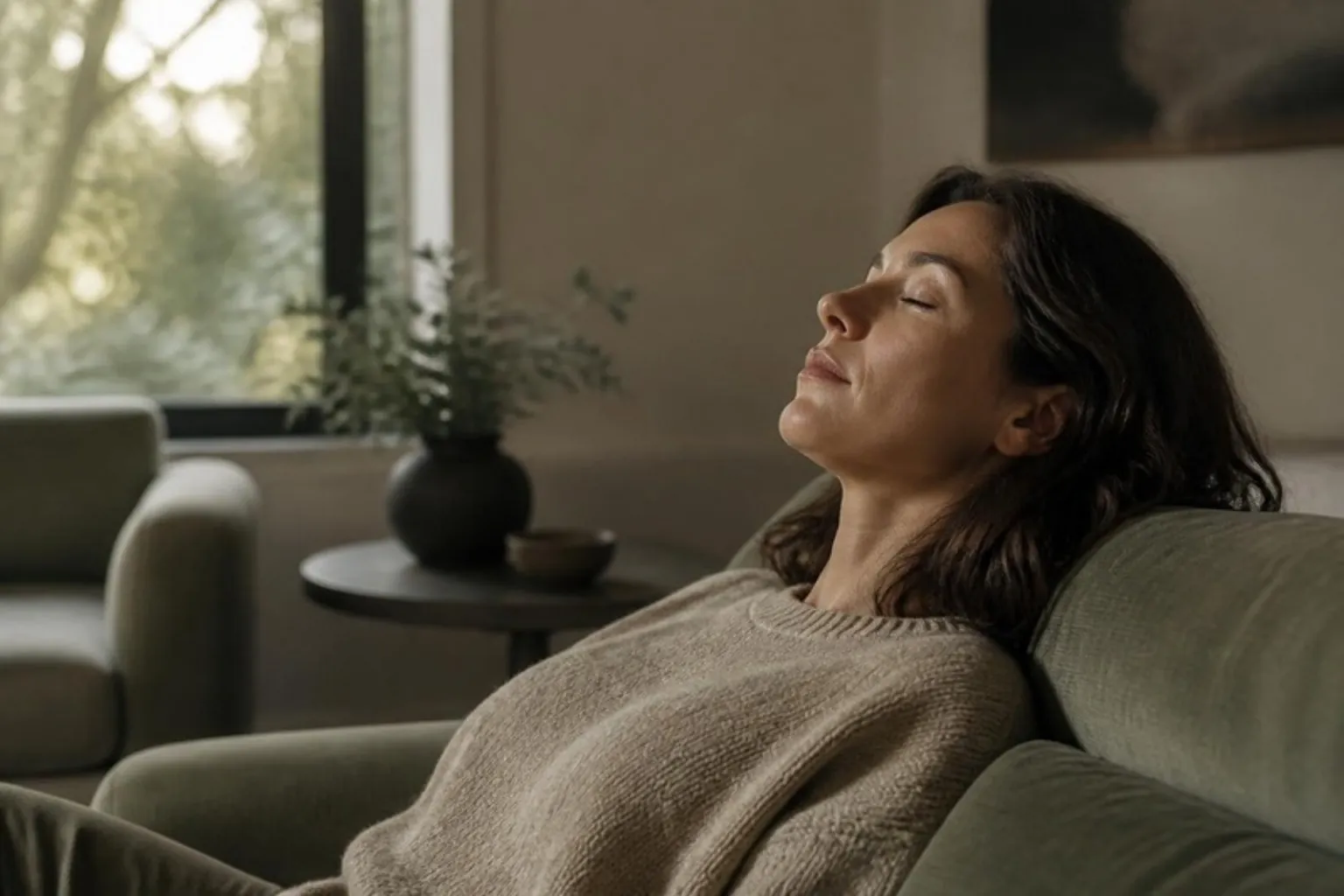 A woman resting her head back on a sofa with eyes closed, calm evening light
