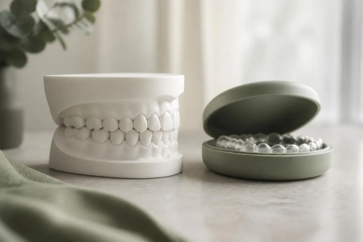 A white dental model shown side-on to illustrate the bite, beside an aligner case